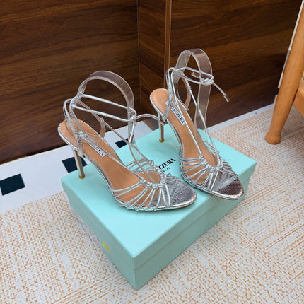 AQUAZZURA 26S LACE-UP HEEL SANDALS 100 MM IN SILVER CALFSKIN