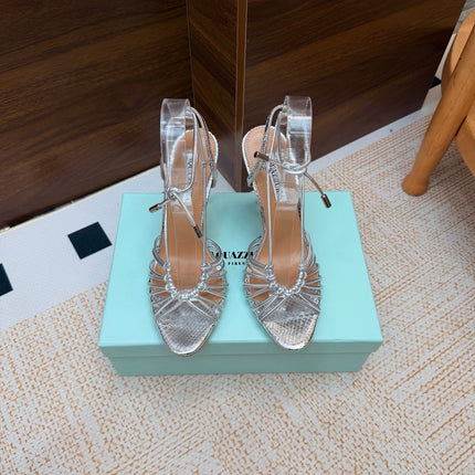 AQUAZZURA 26S LACE-UP HEEL SANDALS 100 MM IN SILVER CALFSKIN