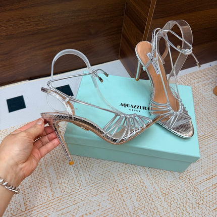 AQUAZZURA 26S LACE-UP HEEL SANDALS 100 MM IN SILVER CALFSKIN