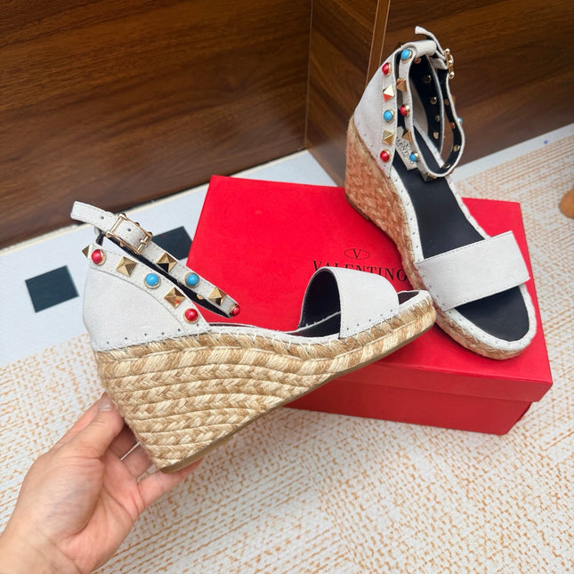 VALENTINO 26S ESPADRILLE WEDGE SANDALS 95 MM IN WHITE SUEDE WITH ROCKSTUDS