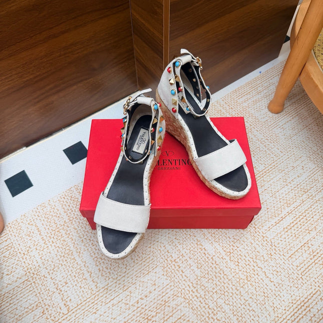 VALENTINO 26S ESPADRILLE WEDGE SANDALS 95 MM IN WHITE SUEDE WITH ROCKSTUDS