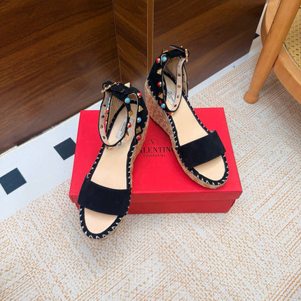VALENTINO 26S ESPADRILLE WEDGE SANDALS 95 MM IN BLACK SUEDE WITH ROCKSTUDS