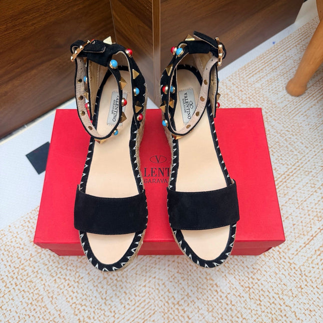 VALENTINO 26S ESPADRILLE WEDGE SANDALS 95 MM IN BLACK SUEDE WITH ROCKSTUDS