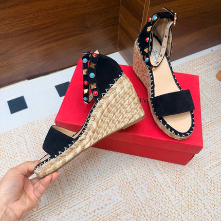 VALENTINO 26S ESPADRILLE WEDGE SANDALS 95 MM IN BLACK SUEDE WITH ROCKSTUDS
