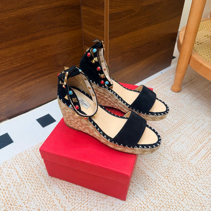VALENTINO 26S ESPADRILLE WEDGE SANDALS 95 MM IN BLACK SUEDE WITH ROCKSTUDS
