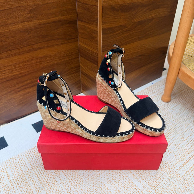 VALENTINO 26S ESPADRILLE WEDGE SANDALS 95 MM IN BLACK SUEDE WITH ROCKSTUDS