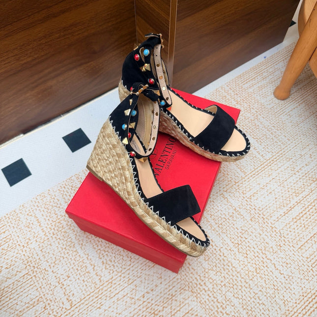 VALENTINO 26S ESPADRILLE WEDGE SANDALS 95 MM IN BLACK SUEDE WITH ROCKSTUDS