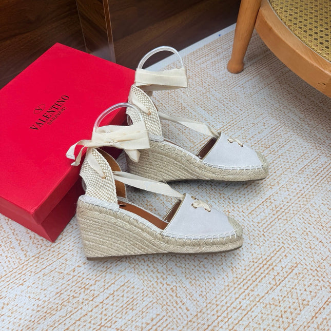 VALENTINO 26S ESPADRILLE WEDGE SANDALS 95 MM IN WHITE SUEDE