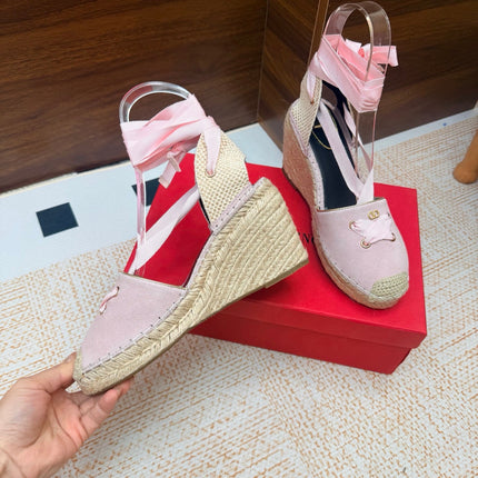 VALENTINO 26S ESPADRILLE WEDGE SANDALS 95 MM IN LIGHT PINK SUEDE
