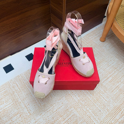 VALENTINO 26S ESPADRILLE WEDGE SANDALS 95 MM IN LIGHT PINK SUEDE