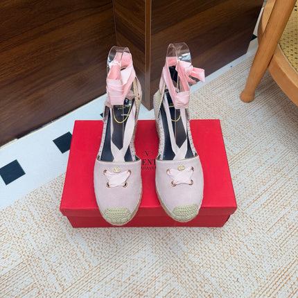 VALENTINO 26S ESPADRILLE WEDGE SANDALS 95 MM IN LIGHT PINK SUEDE