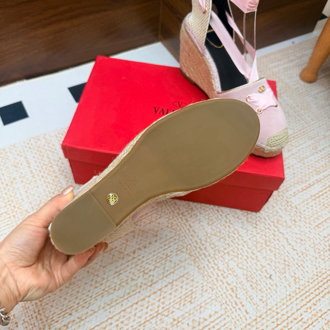 VALENTINO 26S ESPADRILLE WEDGE SANDALS 95 MM IN LIGHT PINK SUEDE