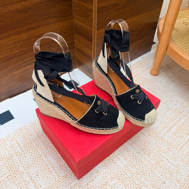 VALENTINO 26S ESPADRILLE WEDGE SANDALS 95 MM IN BLACK SUEDE