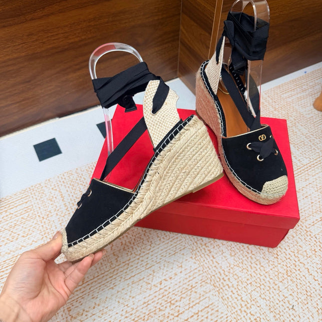 VALENTINO 26S ESPADRILLE WEDGE SANDALS 95 MM IN BLACK SUEDE