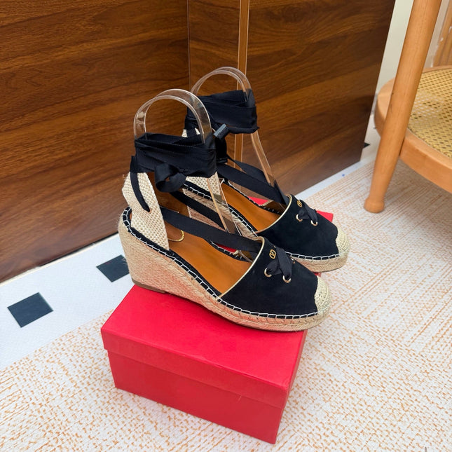 VALENTINO 26S ESPADRILLE WEDGE SANDALS 95 MM IN BLACK SUEDE