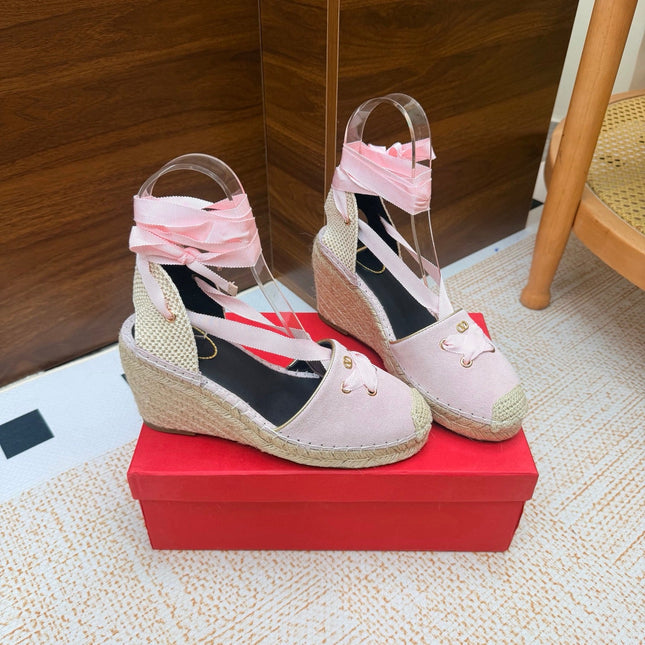 VALENTINO 26S ESPADRILLE WEDGE SANDALS 95 MM IN LIGHT PINK SUEDE
