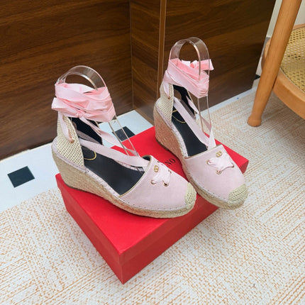VALENTINO 26S ESPADRILLE WEDGE SANDALS 95 MM IN LIGHT PINK SUEDE