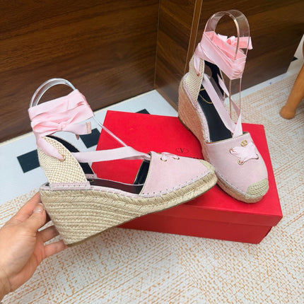 VALENTINO 26S ESPADRILLE WEDGE SANDALS 95 MM IN LIGHT PINK SUEDE