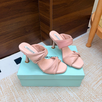 AQUAZZURA 26S TWISTED HEEL SANDALS 85 MM IN LIGHT PINK LAMBSKIN