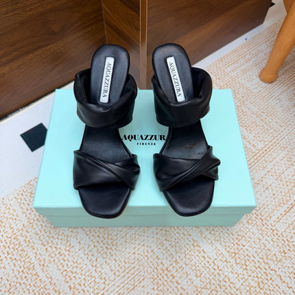 AQUAZZURA 26S TWISTED HEEL SANDALS 85 MM IN BLACK LAMBSKIN