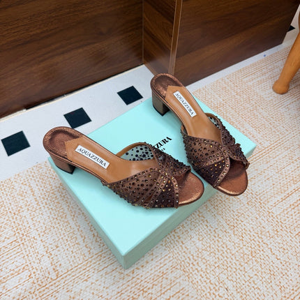 AQUAZZURA 26S CELESTE SANDALS 55 MM IN BRONZE MESH & LEATHER