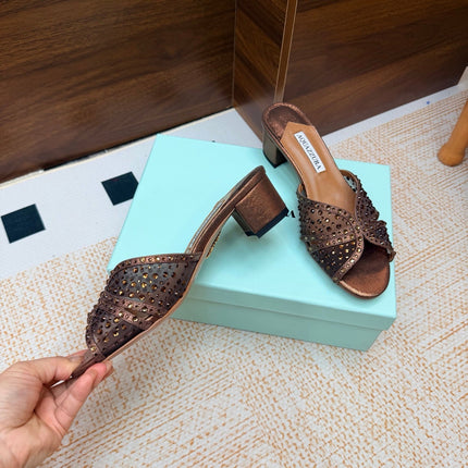 AQUAZZURA 26S CELESTE SANDALS 55 MM IN BRONZE MESH & LEATHER