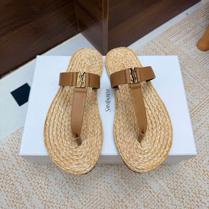 YSL 26S THONG SLIDES IN BEIGE RAFFIA AND LIGHT BROWN CALFSKIN