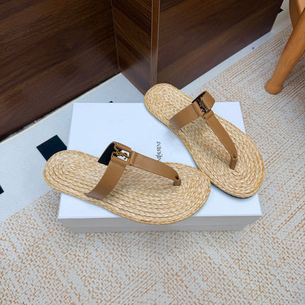 YSL 26S THONG SLIDES IN BEIGE RAFFIA AND LIGHT BROWN CALFSKIN