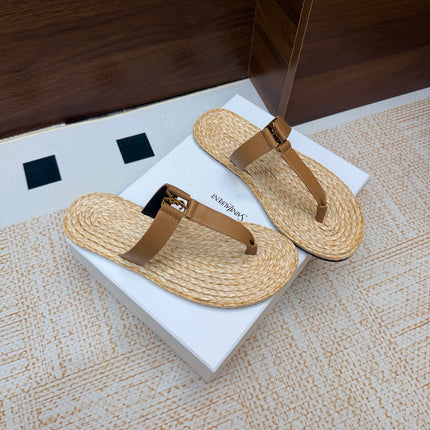 YSL 26S THONG SLIDES IN BEIGE RAFFIA AND LIGHT BROWN CALFSKIN