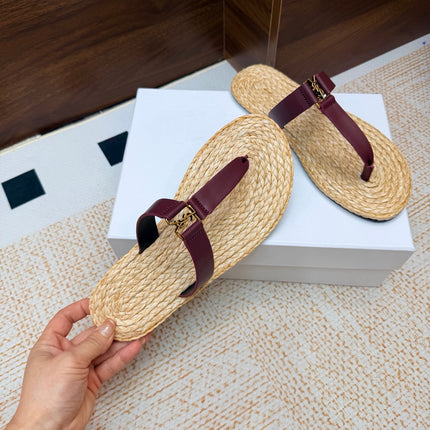 YSL 26S THONG SLIDES IN BEIGE RAFFIA AND WINE RED CALFSKIN