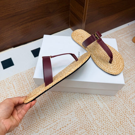 YSL 26S THONG SLIDES IN BEIGE RAFFIA AND WINE RED CALFSKIN