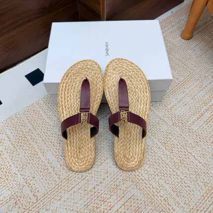 YSL 26S THONG SLIDES IN BEIGE RAFFIA AND WINE RED CALFSKIN