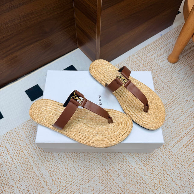 YSL 26S THONG SLIDES IN BEIGE RAFFIA AND BROWN CALFSKIN