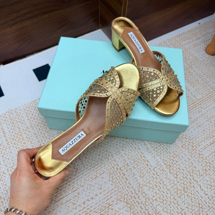 AQUAZZURA 26S CELESTE SANDALS 55 MM IN GOLD MESH & LEATHER