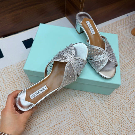 AQUAZZURA 26S CELESTE SANDALS 55 MM IN SILVER MESH & LEATHER