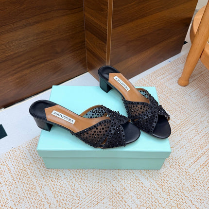 AQUAZZURA 26S CELESTE SANDALS 55 MM IN BLACK MESH & LEATHER