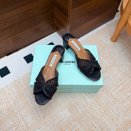 AQUAZZURA 26S CELESTE SANDALS 55 MM IN BLACK MESH & LEATHER