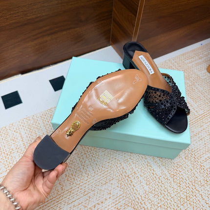 AQUAZZURA 26S CELESTE SANDALS 55 MM IN BLACK MESH & LEATHER