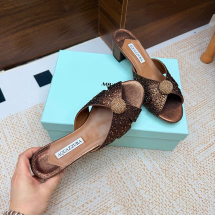 AQUAZZURA 26S CELESTE SLIDE SANDALS 55 MM IN BRONZE CALFSKIN