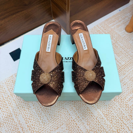 AQUAZZURA 26S CELESTE SLIDE SANDALS 55 MM IN BRONZE CALFSKIN