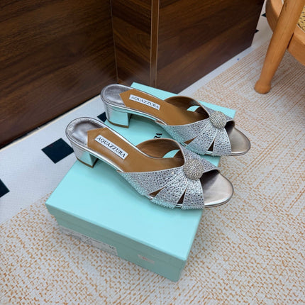AQUAZZURA 26S CELESTE SLIDE SANDALS 55 MM IN SILVER CALFSKIN