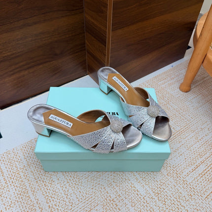 AQUAZZURA 26S CELESTE SLIDE SANDALS 55 MM IN SILVER CALFSKIN
