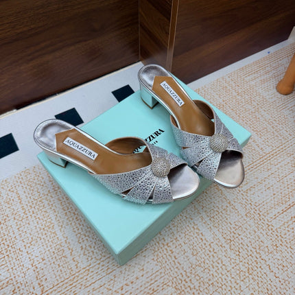 AQUAZZURA 26S CELESTE SLIDE SANDALS 55 MM IN SILVER CALFSKIN