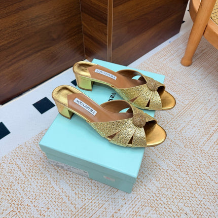 AQUAZZURA 26S CELESTE SLIDE SANDALS 55 MM IN GOLD CALFSKIN