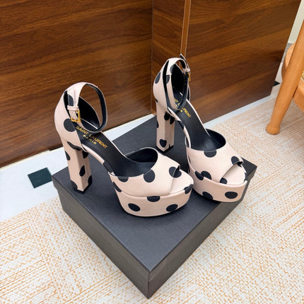 YSL 26S HEEL SANDALS 125 MM IN NUDE & BLACK POLKA-DOT SATIN