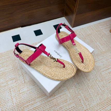 YSL 26S THONG SANDALS IN BEIGE RAFFIA AND PINK GLOSSY CALFSKIN