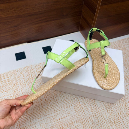 YSL 26S THONG SANDALS IN BEIGE RAFFIA AND LIGHT GREEN GLOSSY CALFSKIN