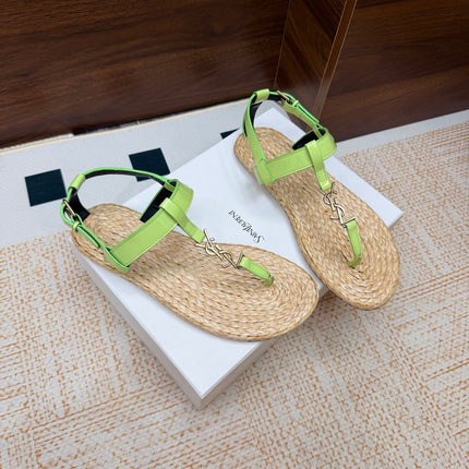 YSL 26S THONG SANDALS IN BEIGE RAFFIA AND LIGHT GREEN GLOSSY CALFSKIN