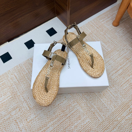 YSL 26S THONG SANDALS IN BEIGE RAFFIA AND KHAKI GREEN GLOSSY CALFSKIN