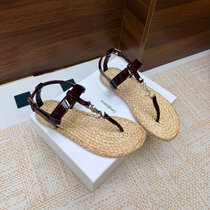 YSL 26S THONG SANDALS IN BEIGE RAFFIA AND DARK RED GLOSSY CALFSKIN
